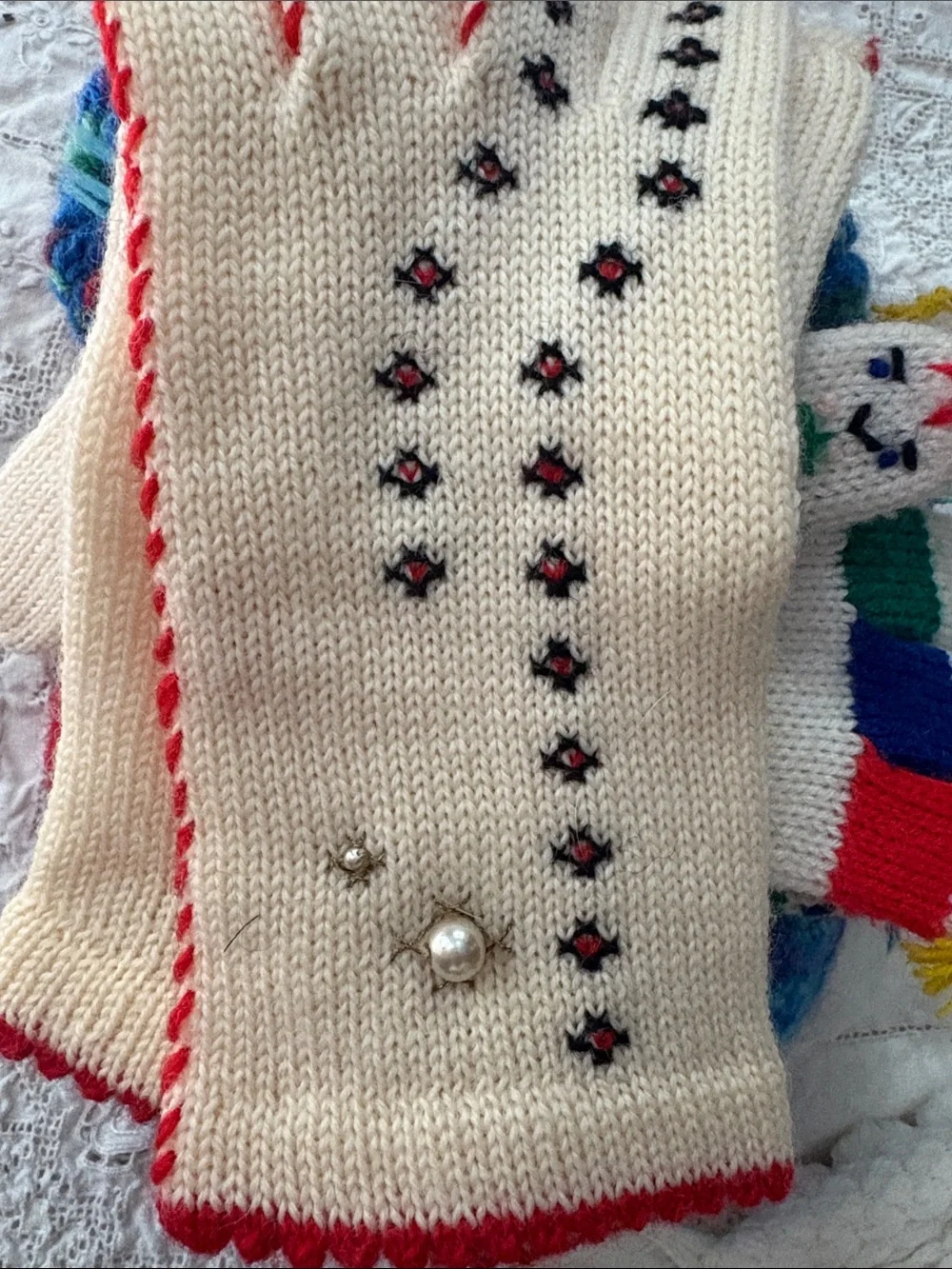 Handmade Cream and Multicolor Knit Winter Gloves & Slippers Set LOT